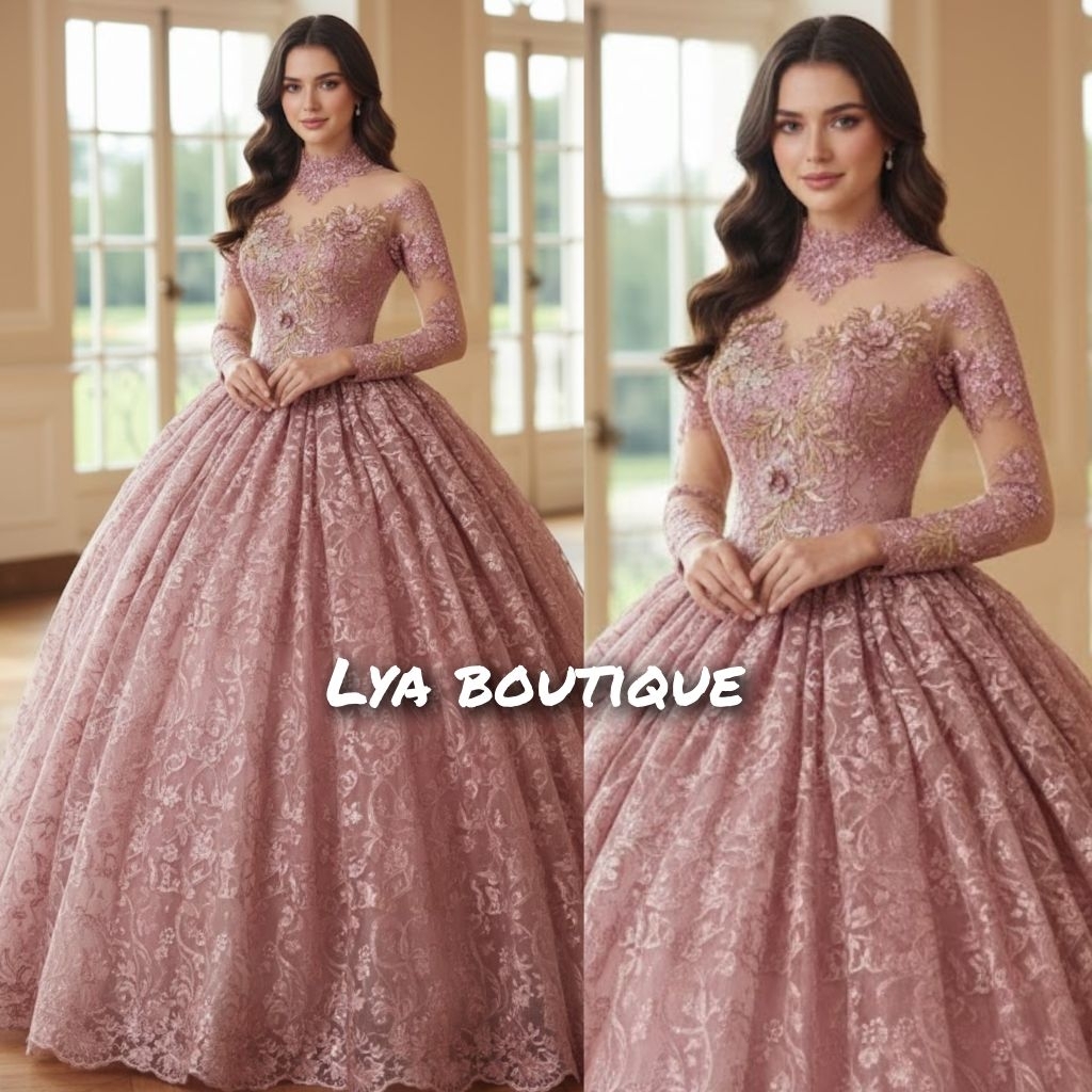 Gaun pengantin tile akar mutiara dusty pink