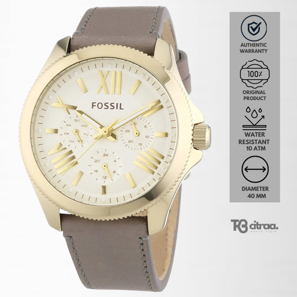 Jam Tangan Wanita Fossil Cecile Chronograph Champagne Dial Grey Leather Strap Mewah Casual Original 