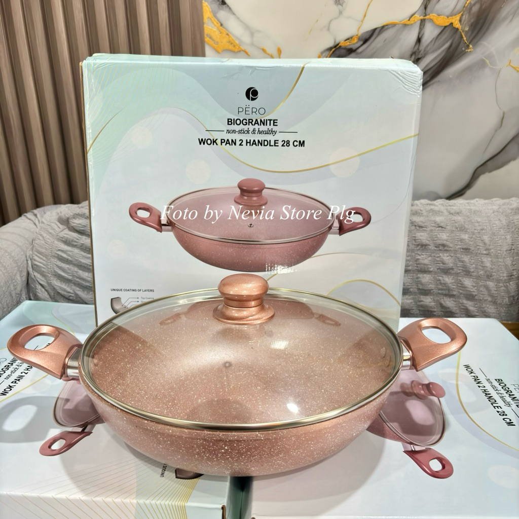 Pero Wokpan 28cm dengan tutup kaca / Wajan Penggorengan anti lengket Handle + tutup