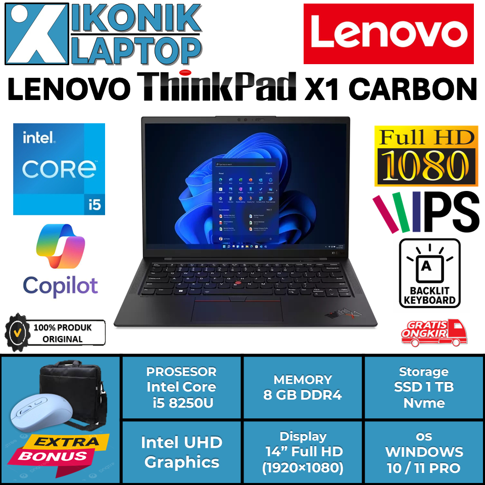 Laptop Tipis Ringan Lenovo Thinkpad X1 Carbon Intel Core i7 7600U Ram 16GB Ssd 512GB Nvme Window Ori