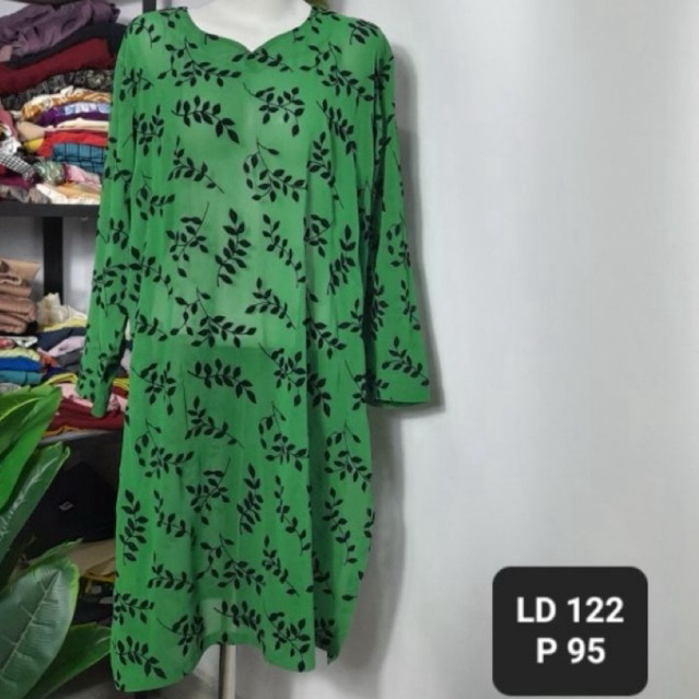 preloved tunik hijau botol sifon motif daun beludru