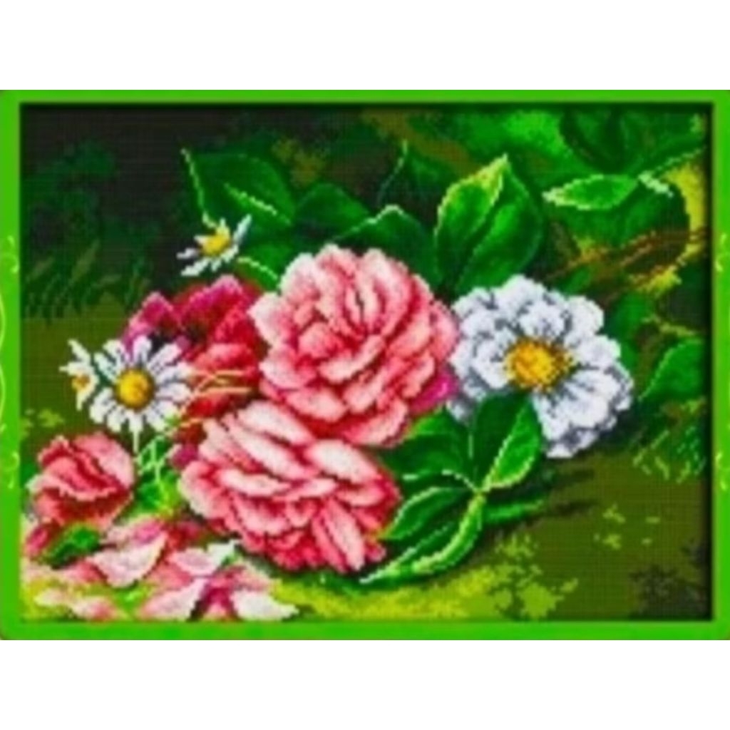 DIY paket kristik bunga mawar pink daun dan daisy pola kain cross stitch 14ct sulaman silang craft n