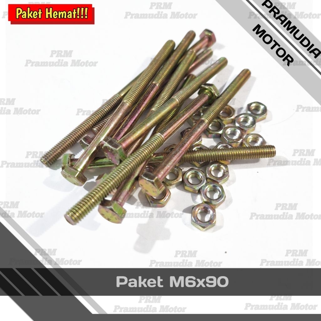 PAKET HEMAT BAUT 10 KUNING PANJANG 9CM M6X90 PLUS MUR