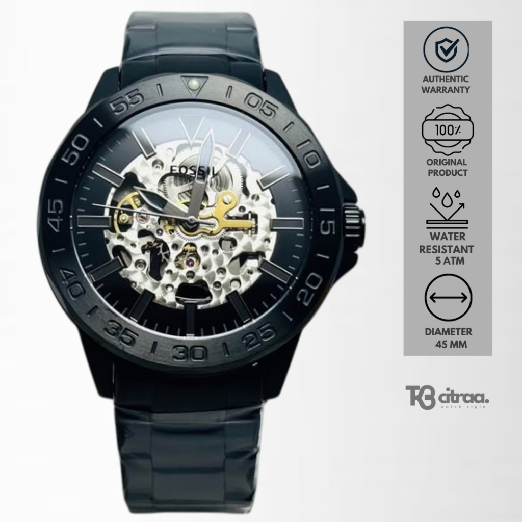 Jam Tangan Pria Fossil Bannon Automatic Black Stainless Steel Watch Mewah Sporty Original BQ2679