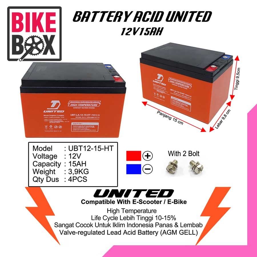 UNITED BATTERY / ACCU / AKI SEPEDA LISTRIK UNITED 12V15AH