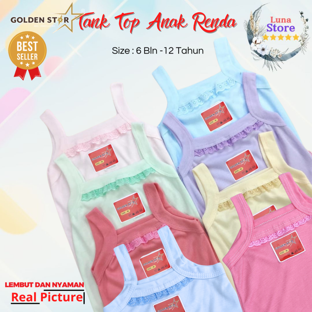 12 Pcs Tanktop Anak Perempuan Renda / Singlet Anak Perempuan Warni / Kaos Dalem Anak Perempuan / Tan
