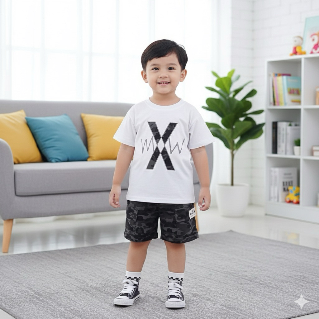 Setelan baju anak laki laki motif X army/ setelan kaos anak laki laki dan celana loreng terbaru/ set