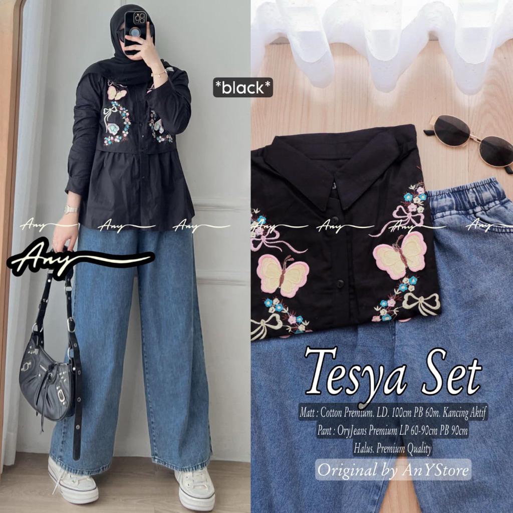 tesya one set wanita kekinian by A.N.Y tunik garis garis celana jins cutbray celana kulot highwais d