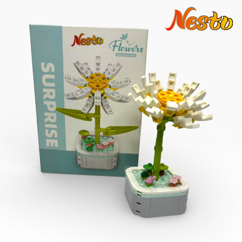 Nesto Aster Putih Bunga Lego Mini Block – 140PCS Set Hiasan Meja dengan Pot Kreatif