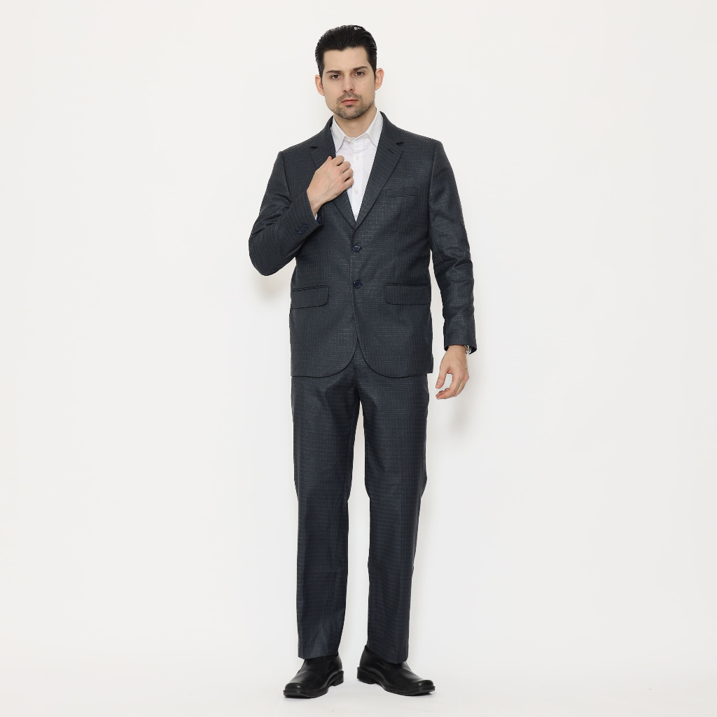 LAWELL BRAVO Set Jas Formal Pria Navy Check Kecil Regular Fit