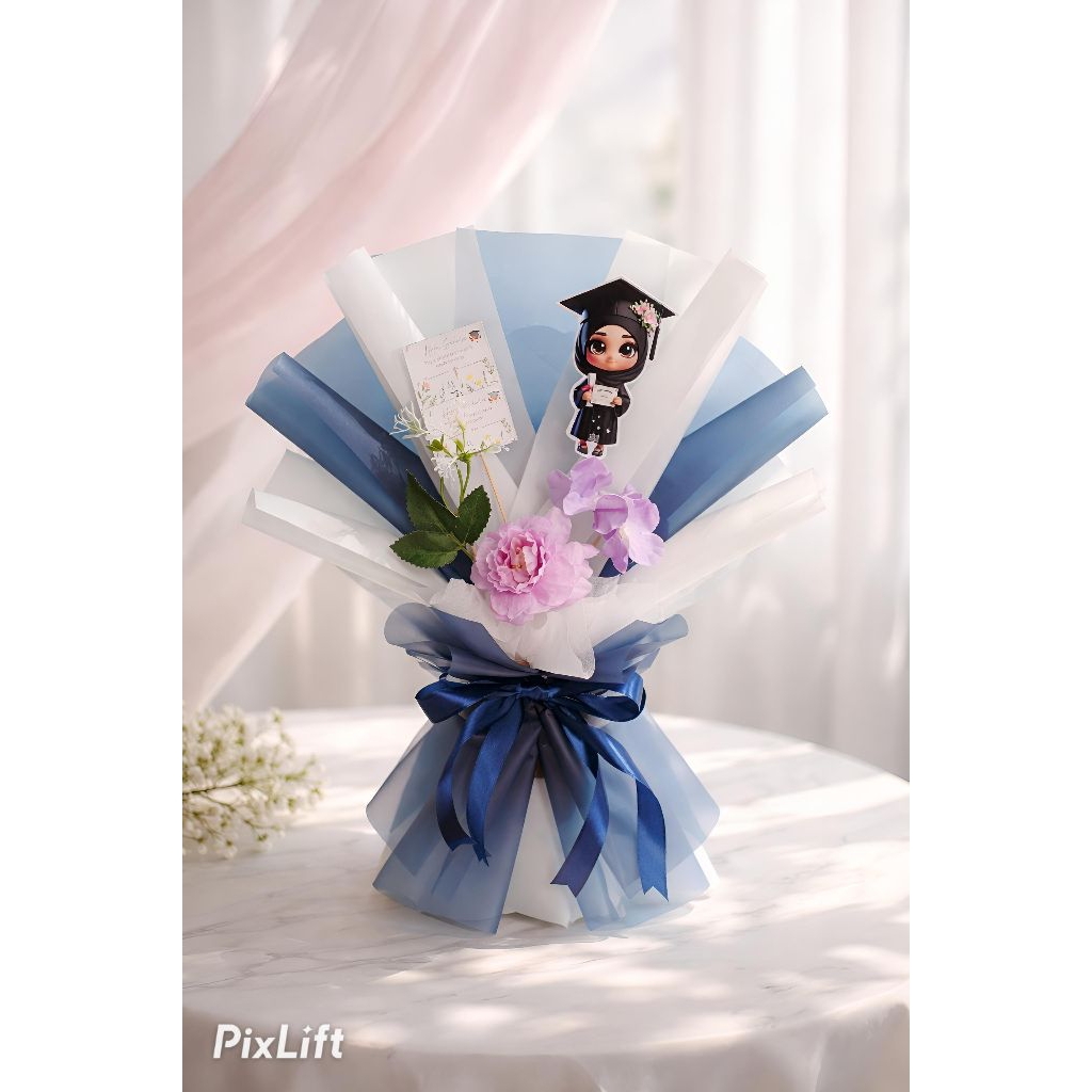 Buket Topper Wisuda Premium Murah / Buket Guru Hijab Lucu / Graduation Bouquet Topper Kartun 25k