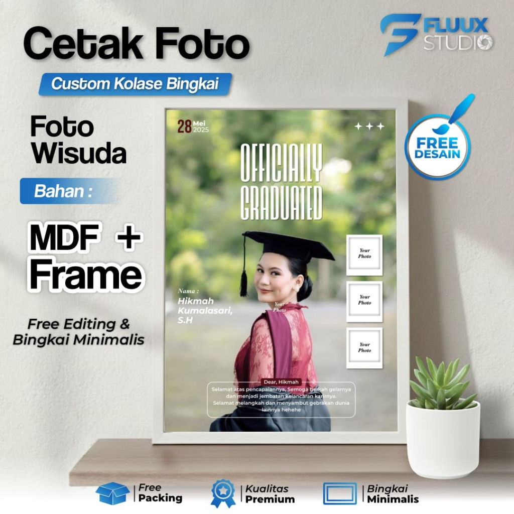 Cetak Foto Fluux Studio Papan MDF Frame Custom Foto / Moment Wisuda Kelulusan Free Editing dan Templ