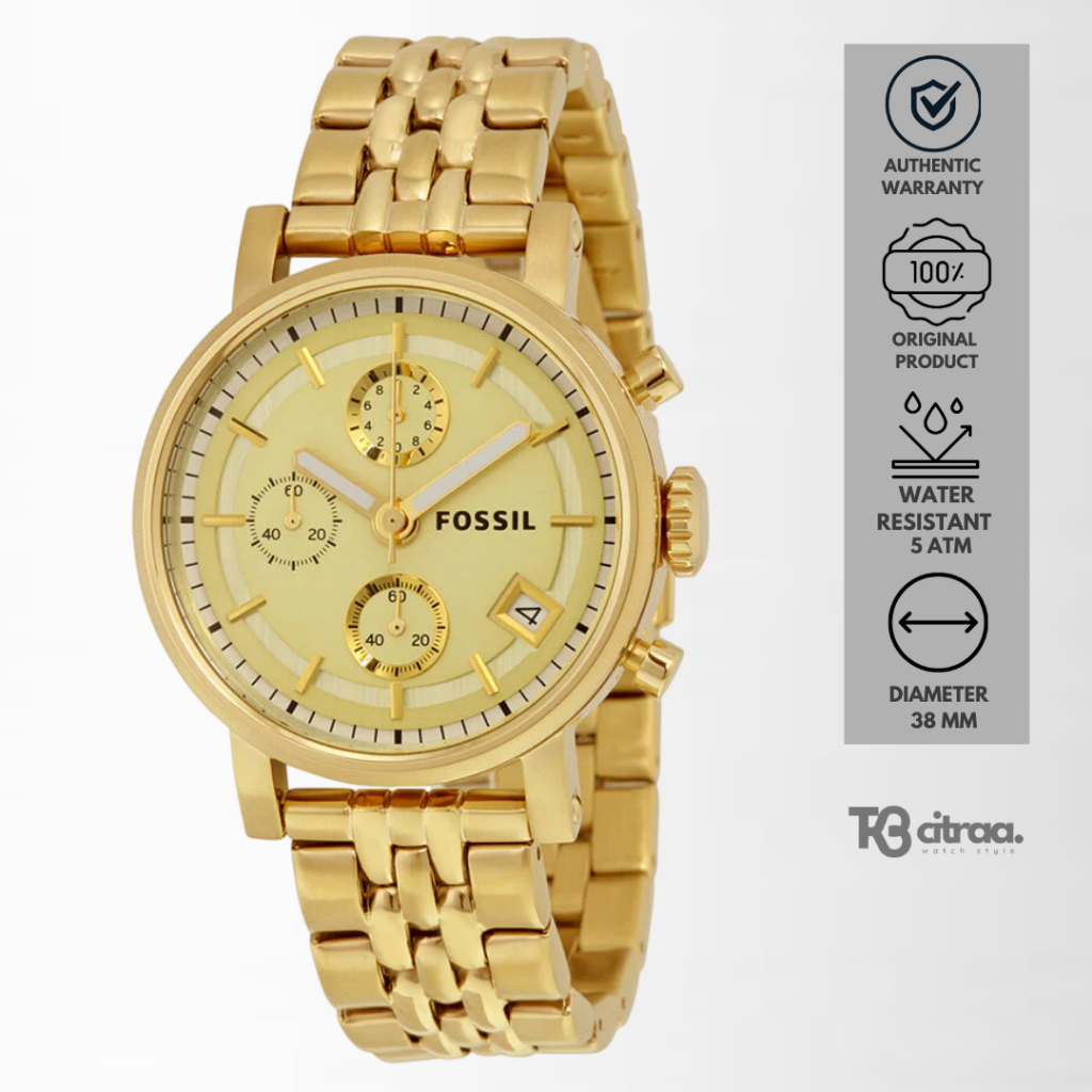 Jam Tangan Wanita Fossil Boyfriend Chronograph Gold Stainless Steel Sporty Mewah Original ES2197