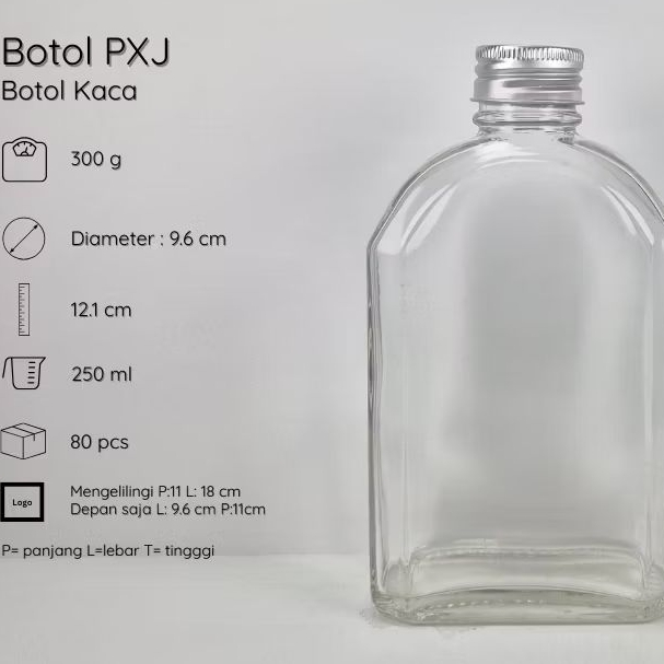 250ML Botol Kecil Gepeng Bulat Kaca Beling Bening Tutup Silver Stainless Aluminium Kedap Kuat Murah 