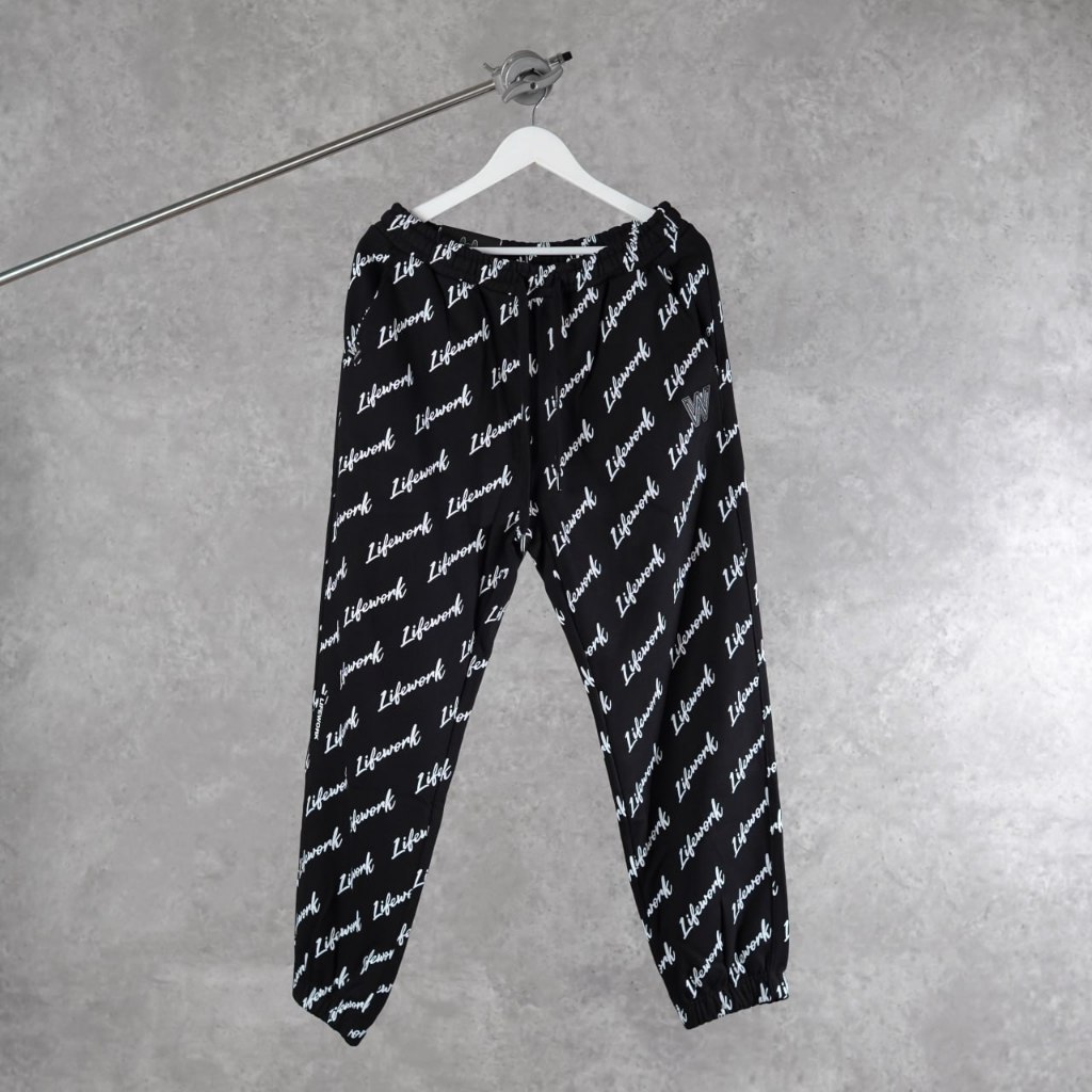 Celana LIFE WORK ALL OVER TEXT WHITE BLACK JOGGER PANTS 100% ORIGINAL