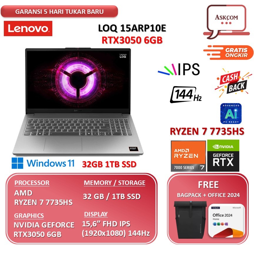 Lenovo LOQ Essential 15ARP10E Ryzen 7 7735HS RTX3050 6GB 32GB 1TB SSD 15.6FHD 144Hz Win11+OHS+M365B