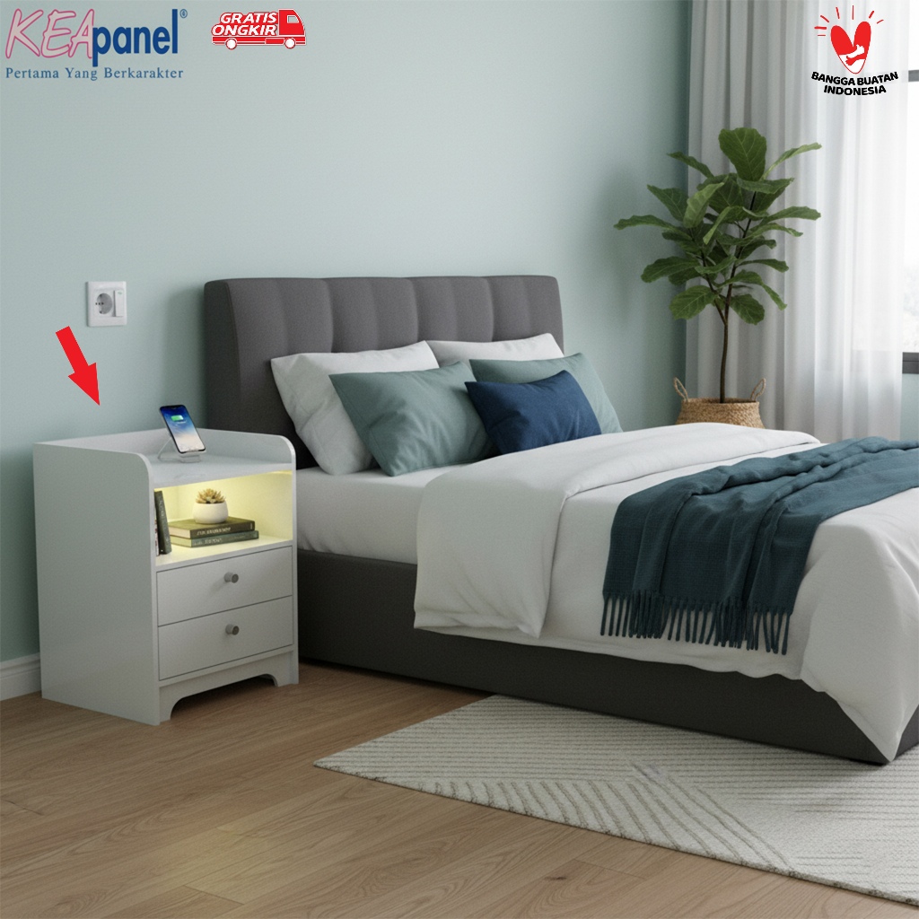 Kea Panel - Meja Nakas Putih Modern Minimalis 2 Laci Putih Glosy / Meja Kamar Tidur Dengan Lampu Tid
