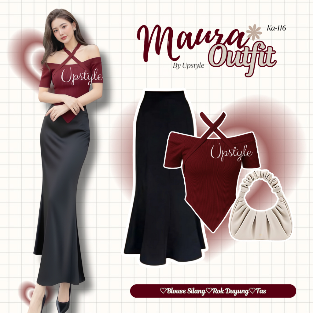 Upstyle - Maura Outfit Set Maroion OOTD Douyin Outfit Set Wanita Kekinian ( Blouse Silang Maroon + R