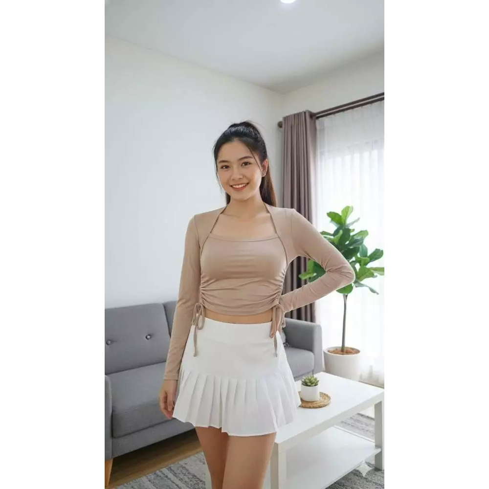 Aura Crop Top Serut Lengan Panjang Wanita