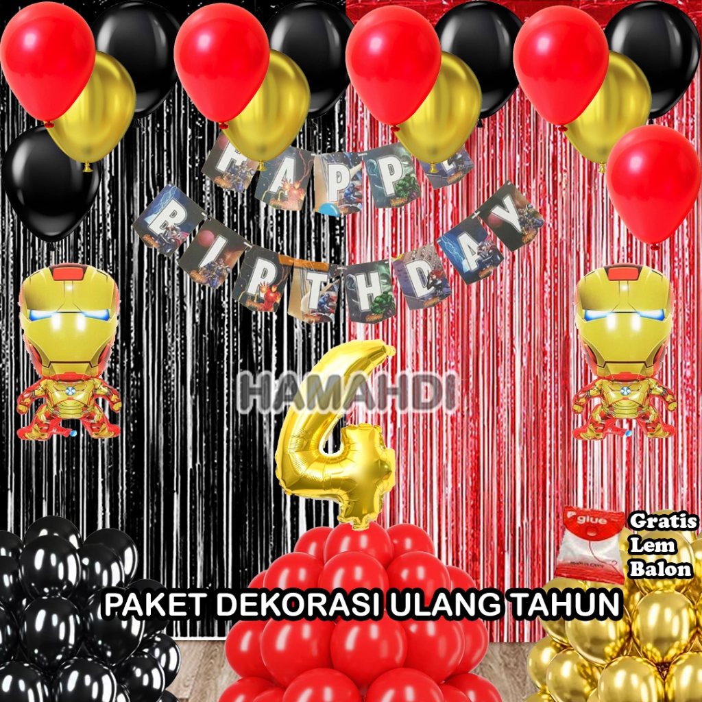 Paket Dekorasi Ulang Tahun Nama Anak Tirai Hitam Dan Merah Banner HBD Karakter Avenger Balon Metalik