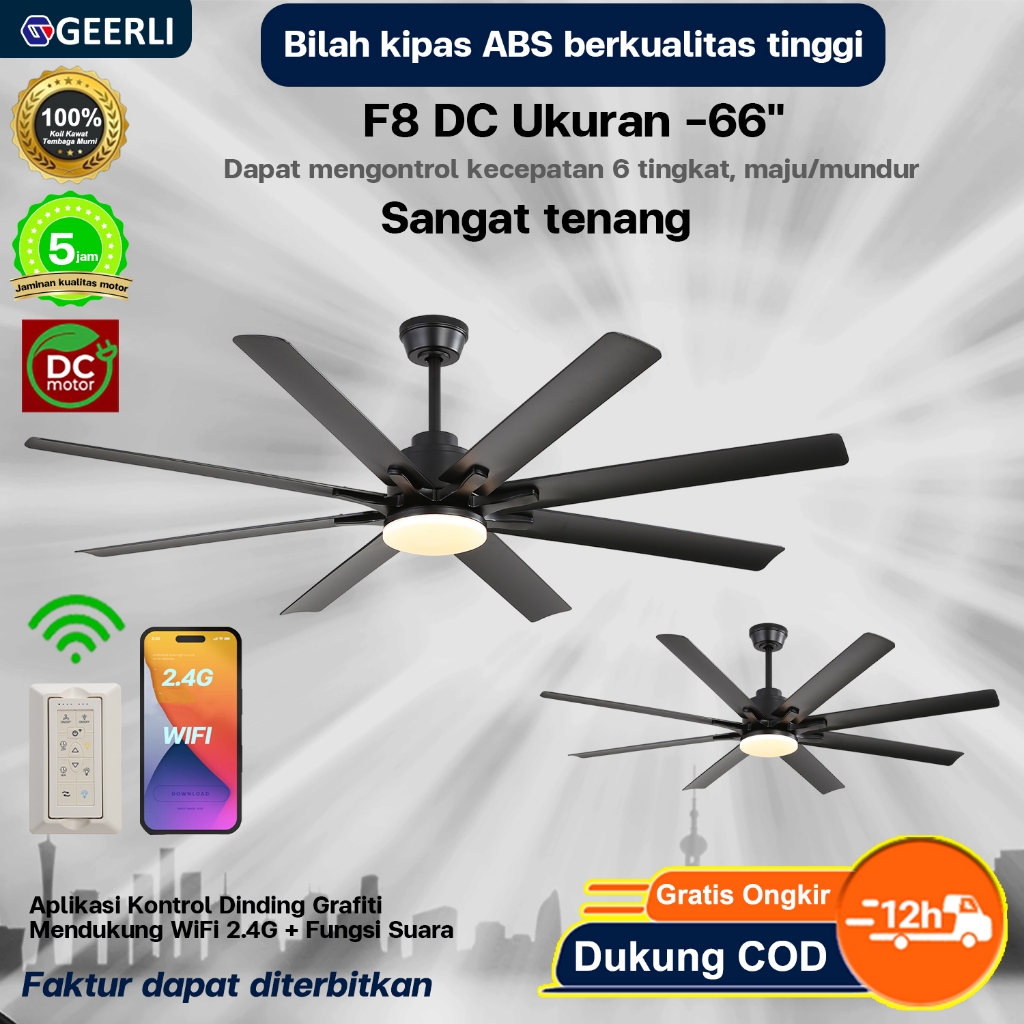 [SMART HOME] GEERLI Kipas Angin Gantung Lampu LED 66 Inch 8 Daun - Kontrol Suara & 2.4G WiFi + Remot