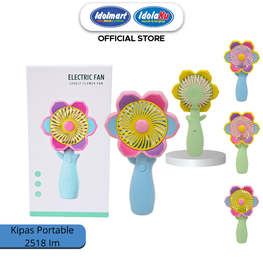 IDOLMART Kipas Angin Portable Mini 2518 | Kipas Tangan Karakter Bunga | USB Rechargeable