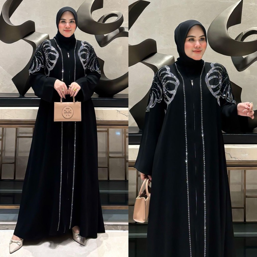 YR - Varisha Dress Abaya Hitam Payet / Gamis Outer Jetblack / Gamis Abaya Payet mewah Favorite