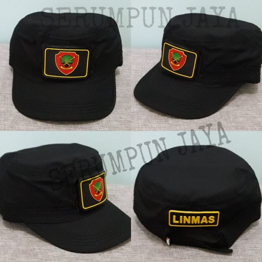 TOPI KOMANDO LINMAS HITAM 2 PATCH RUBBER - TOPI KOMANDO HITAM LINMAS PEREKAT RUBBER LEPAS PASANG - T