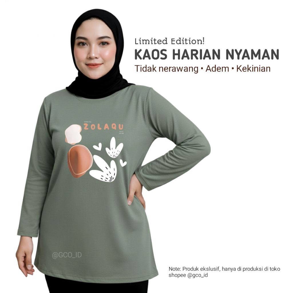 Kaos Semitunik Zolaqu Original Terbaru 2025 Hijau Sage | Oversize ZLQ Tunik Motif Kupu Lengan Panjan