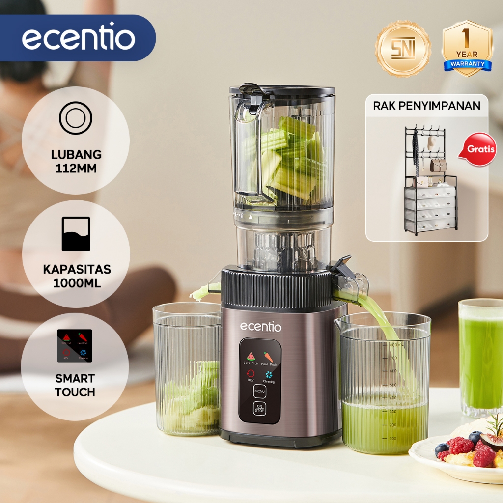 ecentio Juicer Extractor Slow 99% - Mesin Pembuat Jus Sehat 1000ml, Sistem Antioksidan, Desain Premi