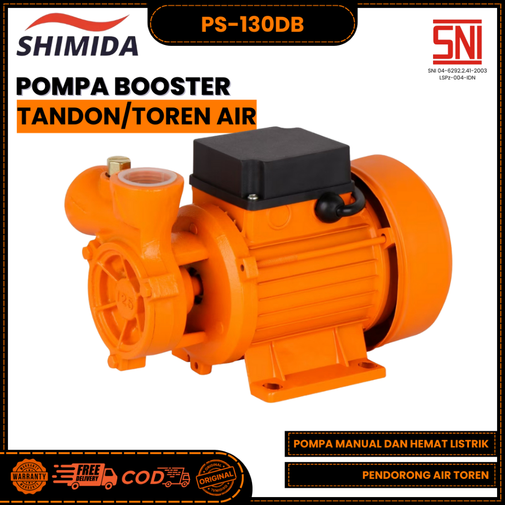 Shimida PS-130DB Pompa Booster Air Rumah Tangga Pompa Pendorong Toren Tandon Air Tekanan Kuat 1 Inch