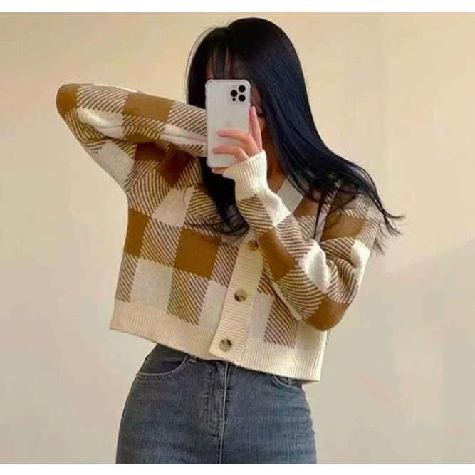 Cardigan Rajut Crop Wanita Motif Kotak Imut Korea | Outer Lengan Panjang Stylish | Atasan Knit Mini 