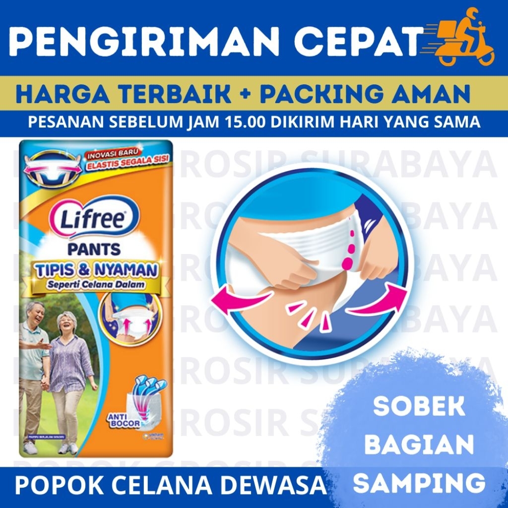 Popok Celana Dewasa Ukuran L 24pcs - Lifree Popok Dewasa Ukuran L 24pcs Nyaman, Tipis, Anti Bocor,