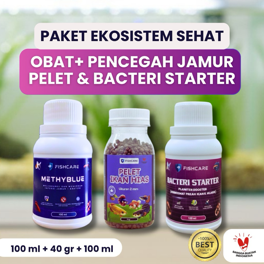 Fishcare - Paket Ekosistem Aquarium | Obat Biru Methylene Blue Bacteri Starter Pelet Ikan Hias Aquar