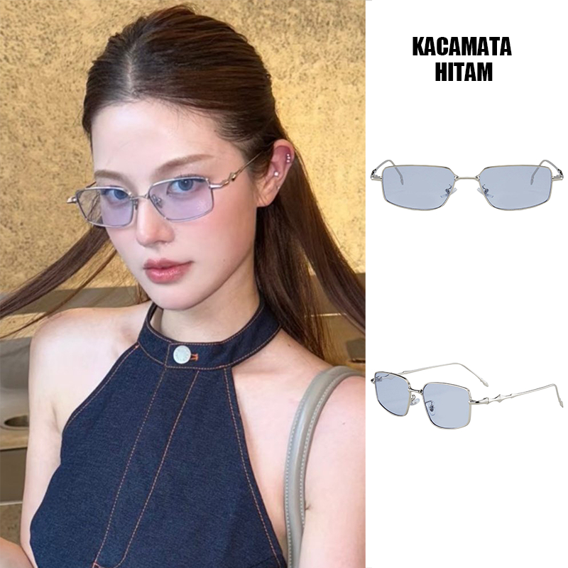 Kacamata Hitam Frame Tipis Kotak Kecil Sunglasses Fashion Bingkai Emas Perak Lensa Biru Desain Tangk