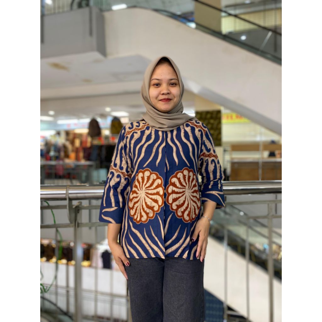 Blouse Batik atasan Wanita Motif KEMBANG BLUEBERY Katun Halus Lapis Trikot