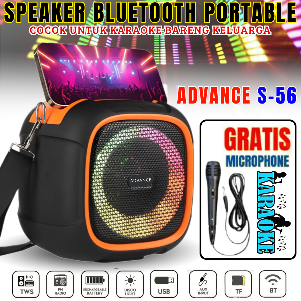 Speaker Karaoke Bluetooth Portable Advance S-56 | Speaker Full Bass Advance S-56 Bluetooth Karaoke S