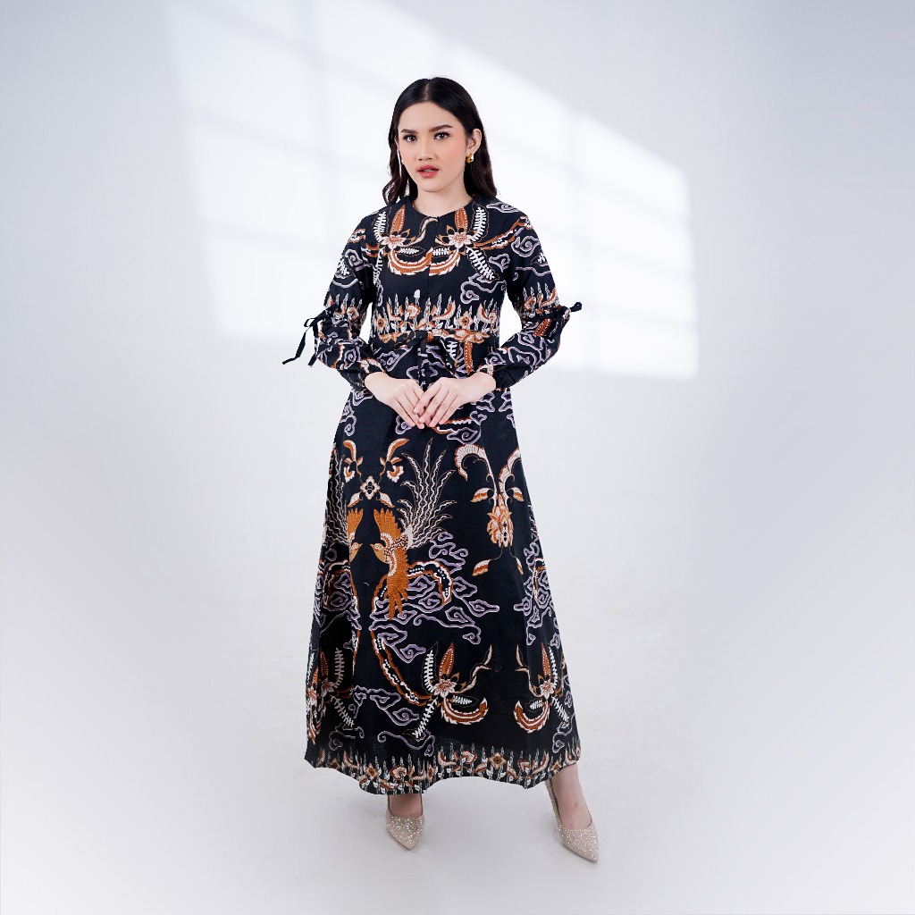 BATIK TRUSMI Dress Gamis Batik Wanita Bahan Katun Motif Mega Mendung Kombinasi Tara