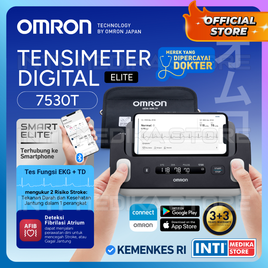 OMRON - Tensimeter Digital + EKG Alat Tes Fungsi Jantung HEM 7530T | Blood Pressure Monitor COMPLETE