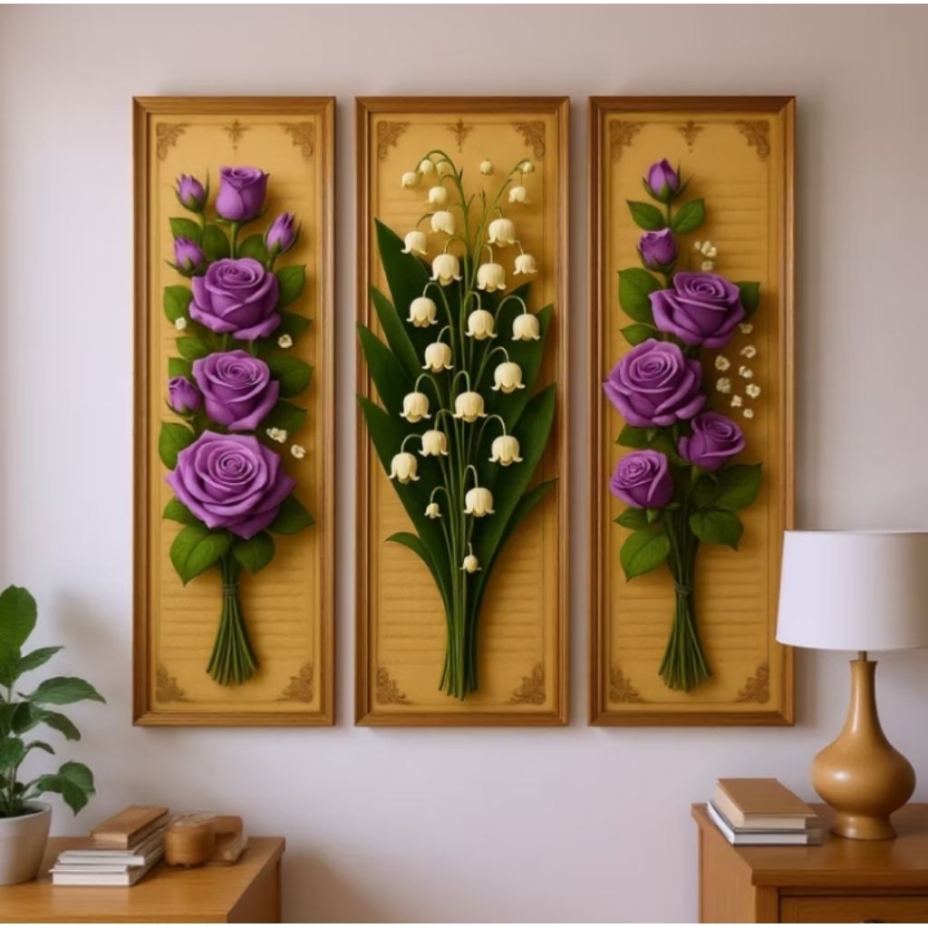 3 pcs Hiasan dinding estetik 3D gambar bunga mawar ungu