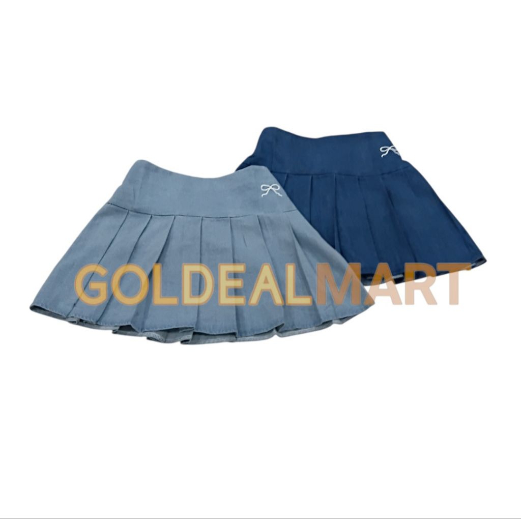 Rok mini lipit wanita bahan denim jeans pleated skirt