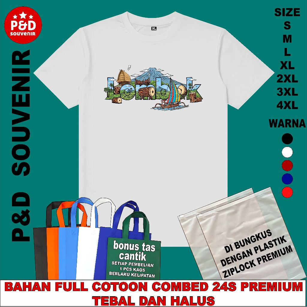 KAOS SOUVENIR OLEH OLEH LOMBOK GILI TRAWANGAN (A) WARNA PUTIH BAHAN COTON COMBED 24S TEBAL DAN HALUS
