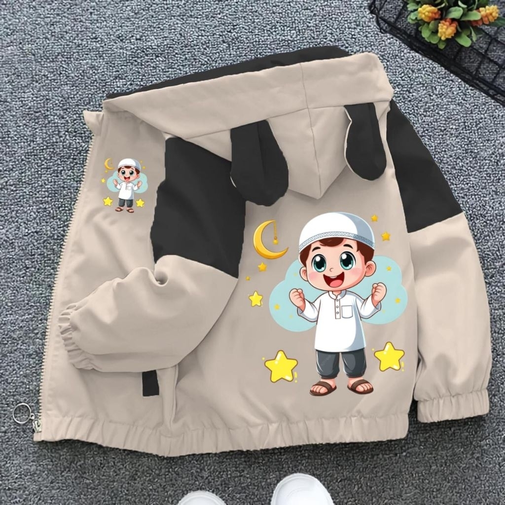 jaket anak laki-laki bergambar MUSLIM BOYY jaket kombinasi berbahan parasut usia 1_12 THN