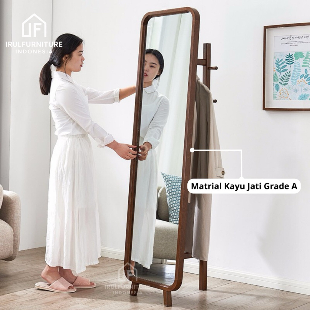 Cermin Berdiri Kayu Jati Minimalis | Standing Mirror Jati dengan Gantungan | Cermin Full Body Kayu J