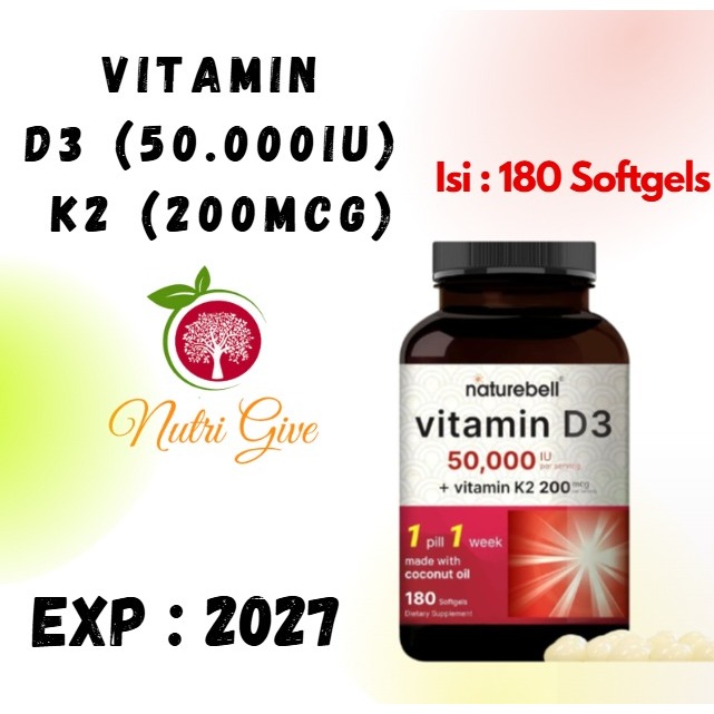 Vitamin D3+K2 with Virgin Coconut Oil by Naturebell Non-GMO, Gluten-Free Vitamin D3 50.000iu 50000iu