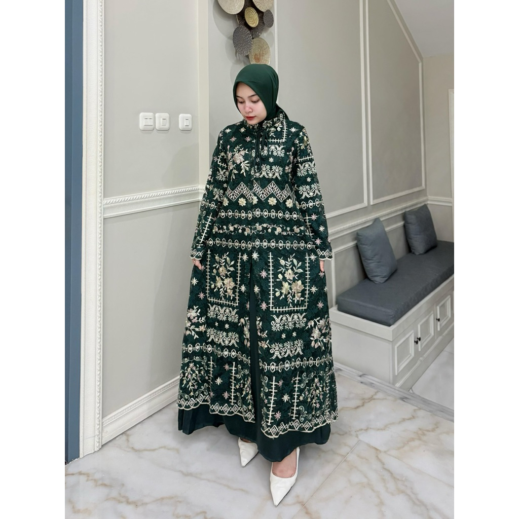 Midi dress bahan organza bordir mix  furimg armanisilk  full furing Retliting belakang Model double 