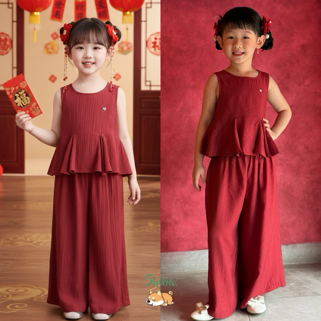 (3-15 TAHUN) Setelan Baju Imlek Celana Panjang Kulot Merah Anak Perempuan | Baju Merah Natal Imlek S