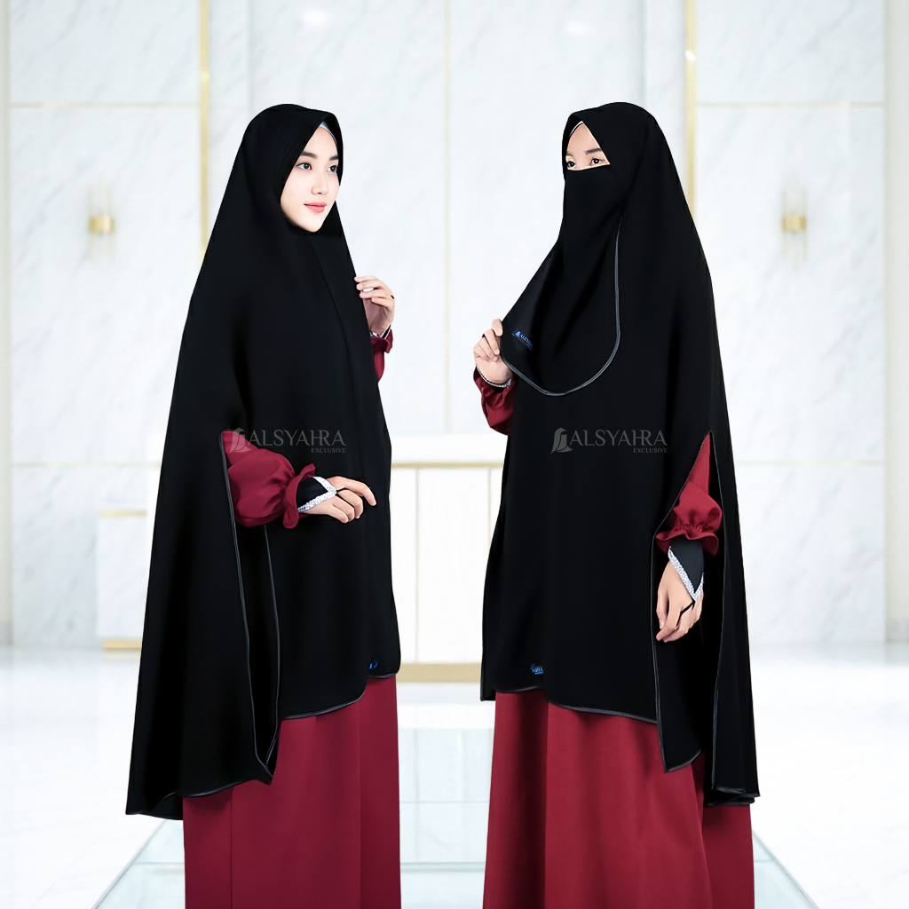 Alsyahra Exclusive Set Khimar Syari Handsplit Bisban List Hitam PAD Cadar Tali Soft Jetblack