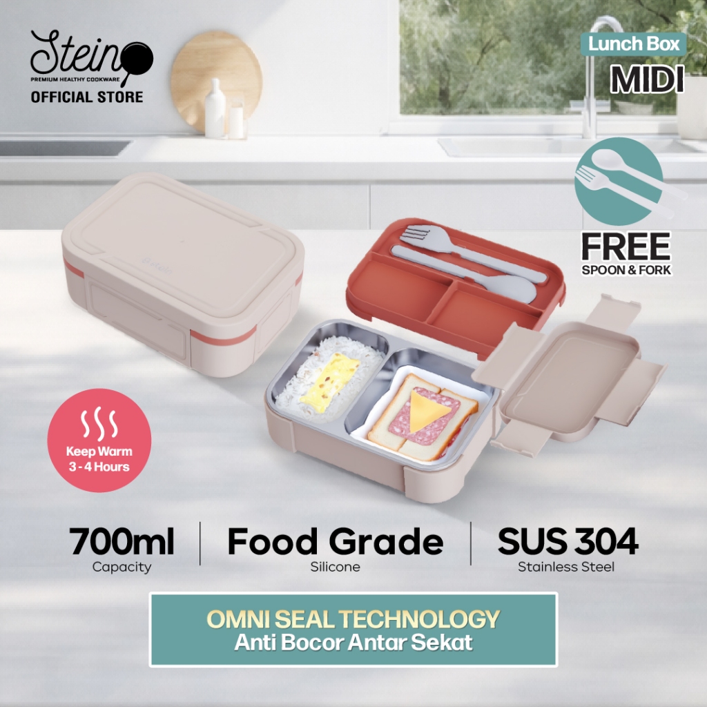 STEIN Lunch Box Stainless 304 Midi Natural - Kotak Makan Stainless 700ml Free Sendok Garpu