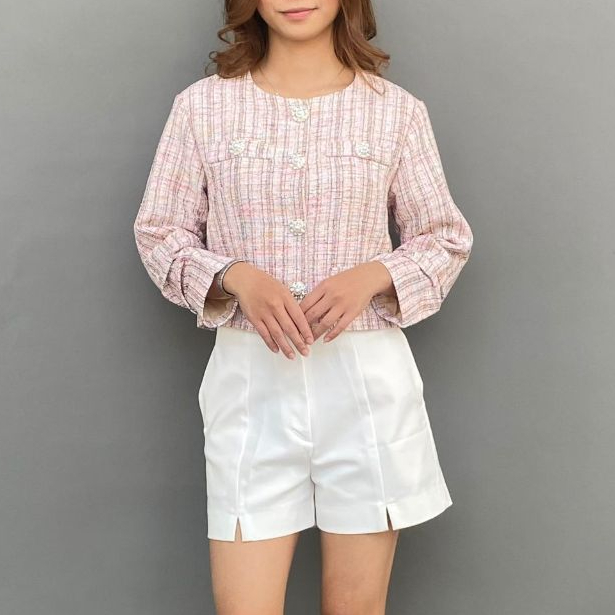Magnolia Collection Atasan Wanita Tweed Crop Blazer Pink